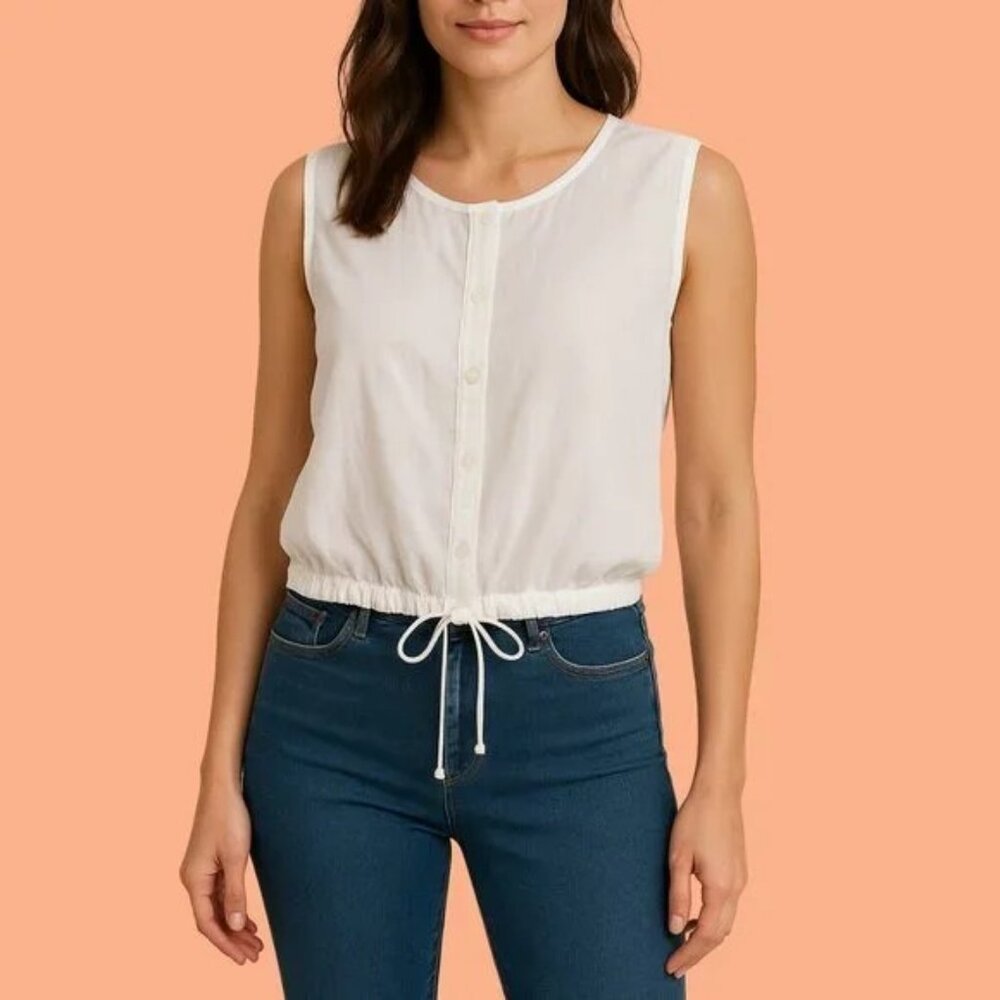 Aritzia Babaton White Drawstring Button Up Sleeveless Blouse Medium